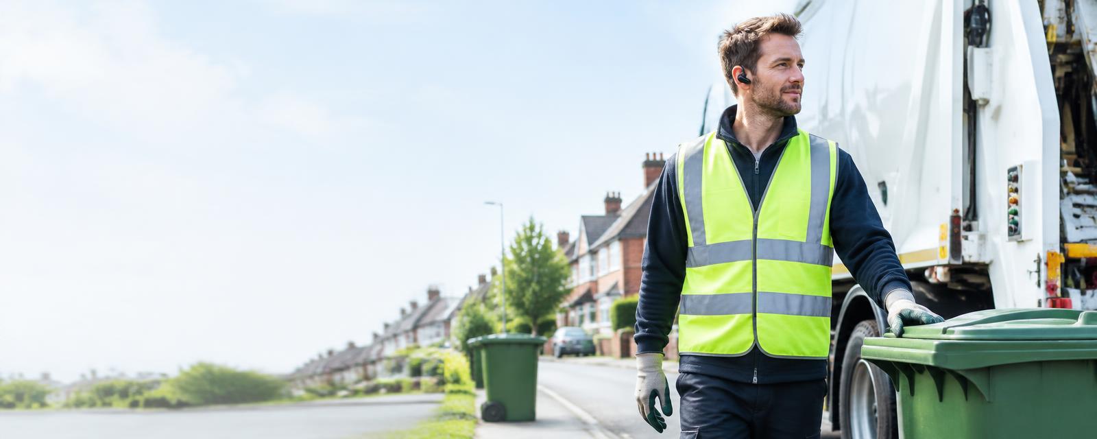 Refuse collection worker with an earpiece on a UK street