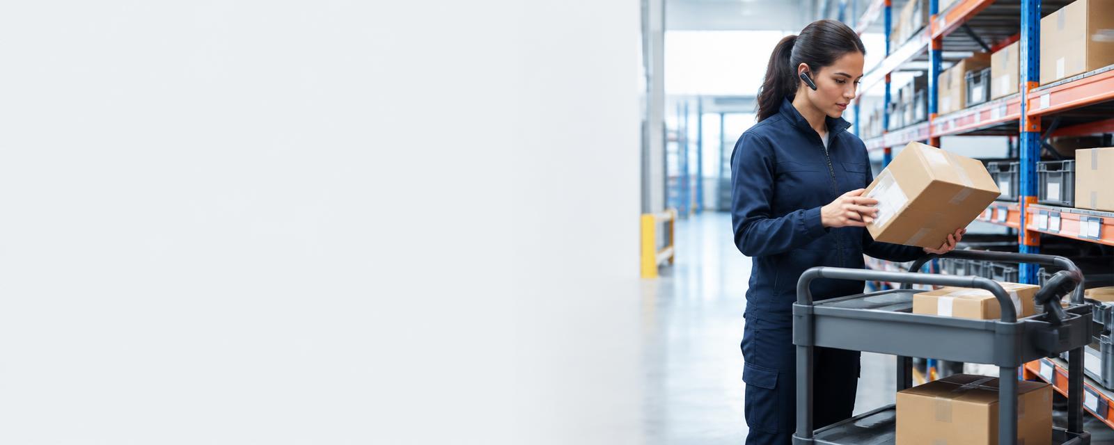 Warehouse picker wearing a headset beside a parcel cart
